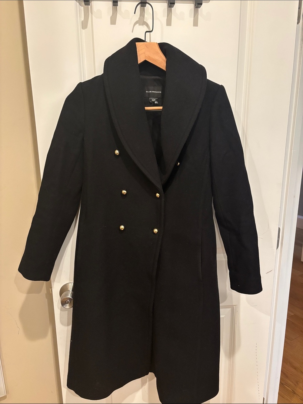 Club Monaco Cahndisse Double Breasted Wool Coat Black Gold Buttons